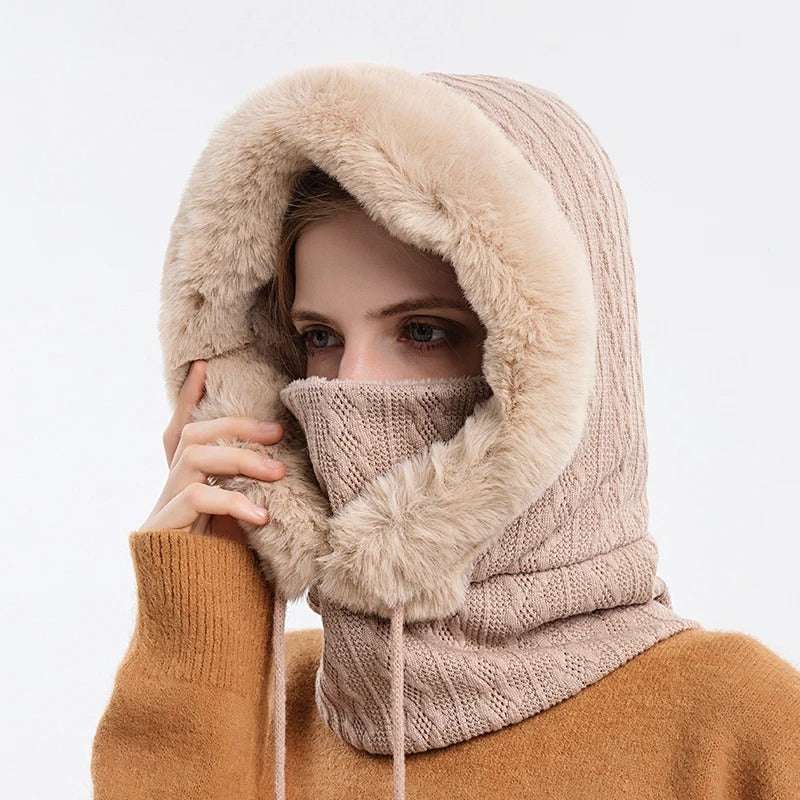 Bonnet tricoté pour femme en fourrure avec couvre-visage