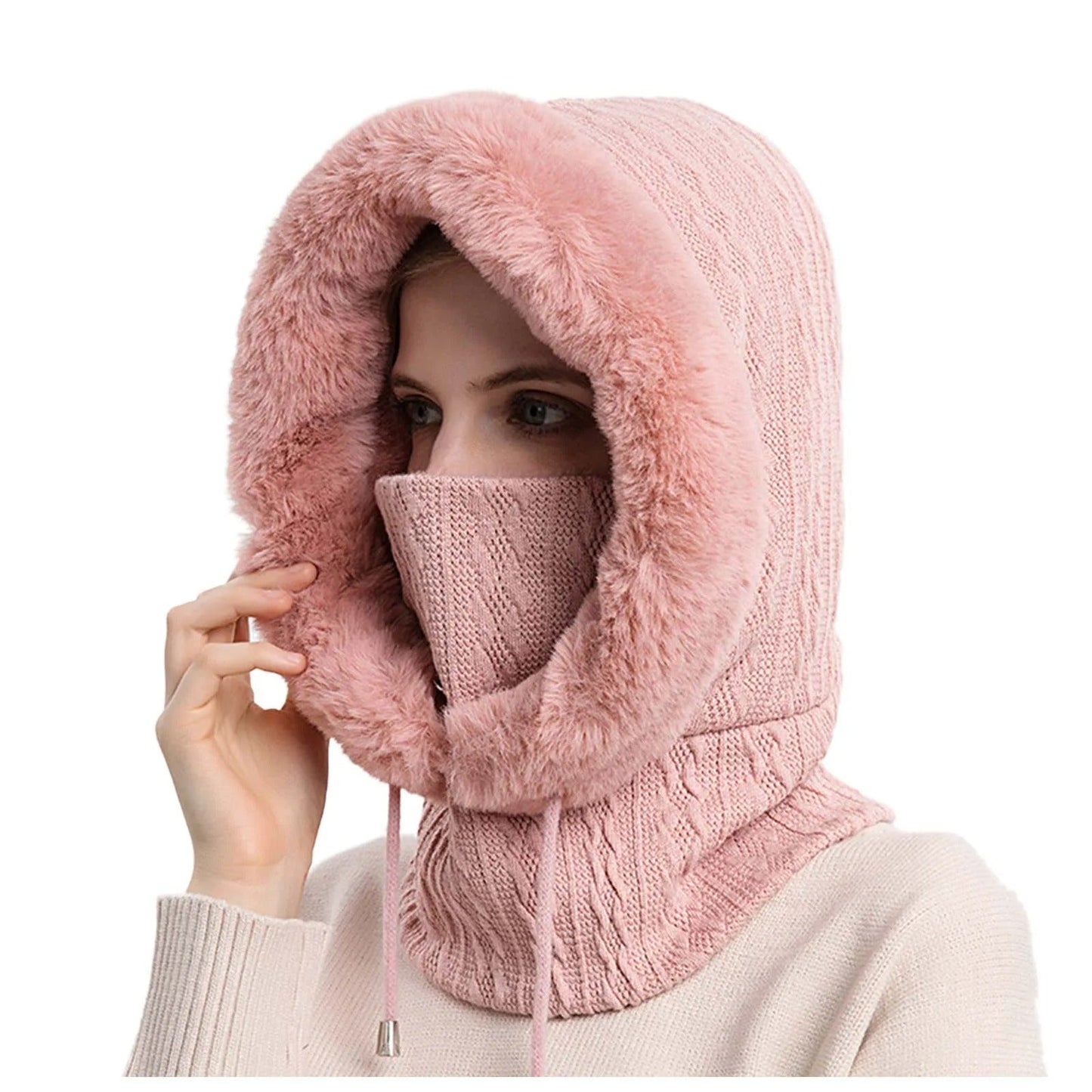 Bonnet tricoté pour femme en fourrure avec couvre-visage