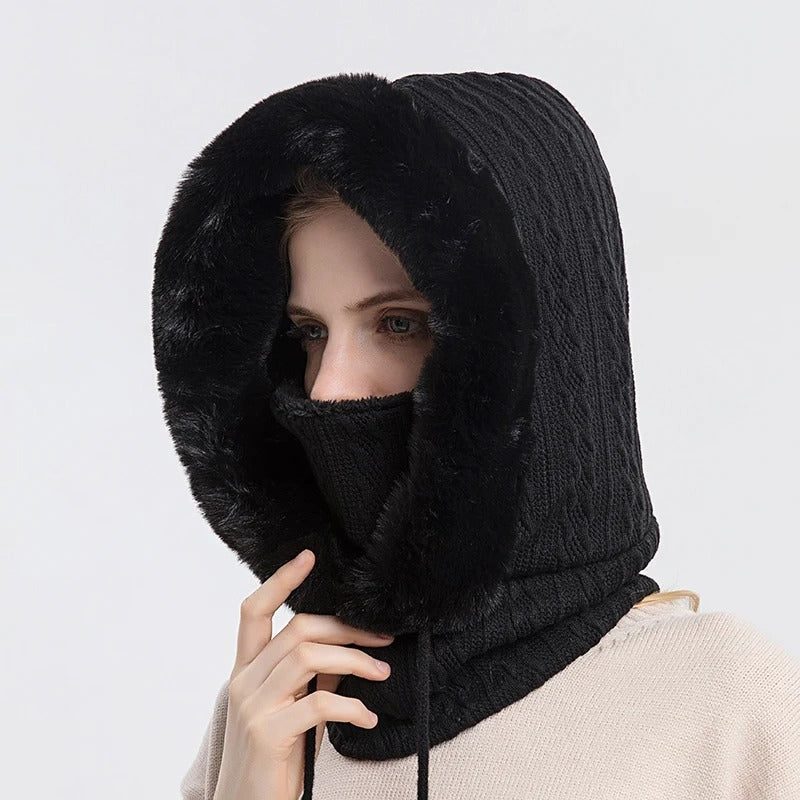 Bonnet tricoté pour femme en fourrure avec couvre-visage