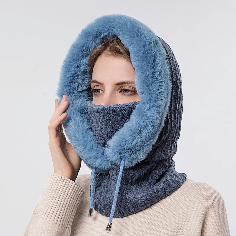 Bonnet tricoté pour femme en fourrure avec couvre-visage