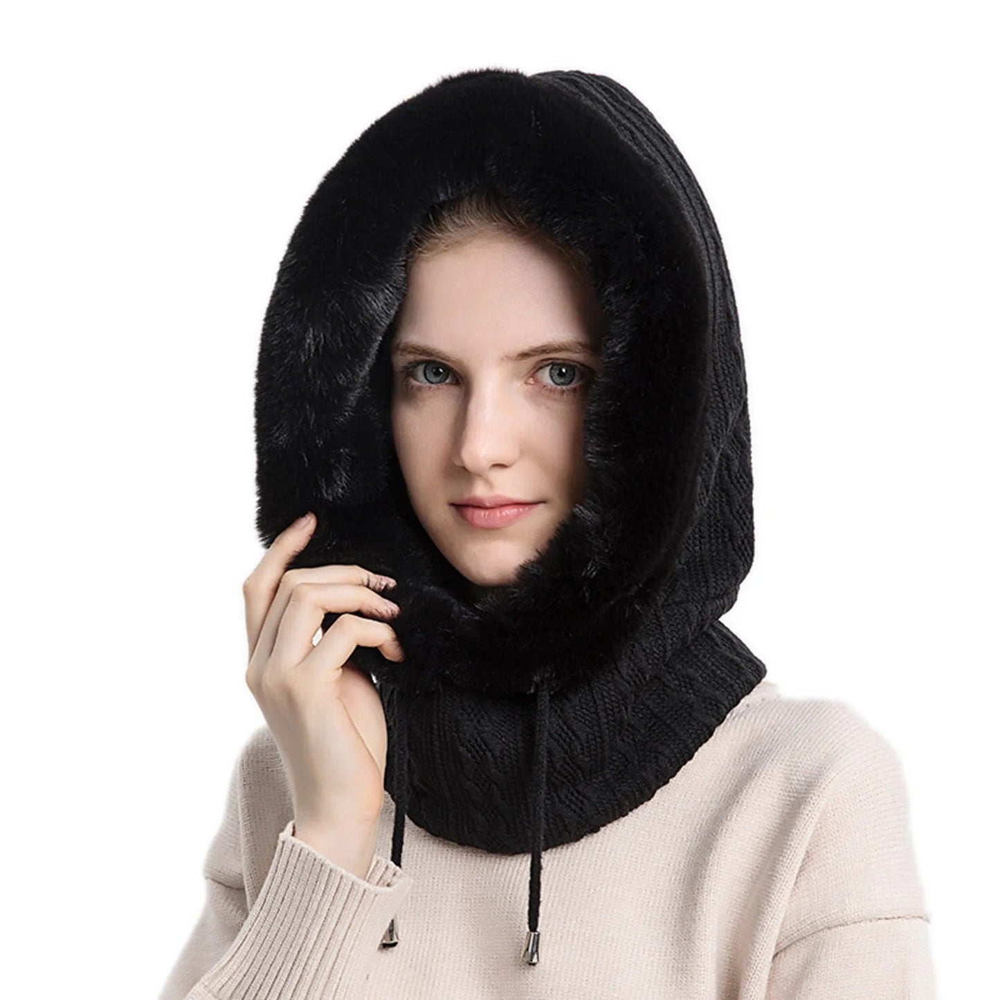Bonnet tricoté pour femme en fourrure avec couvre-visage