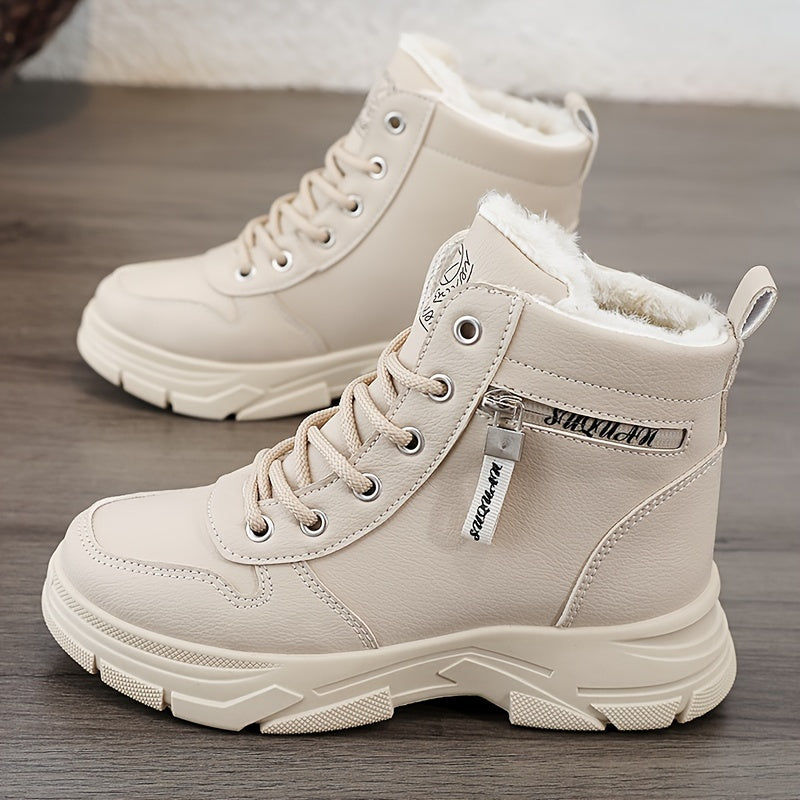 Bottines d'hiver pour femme – bottines de combat avec fermeture éclair latérale, doublure douillette et semelle épaisse