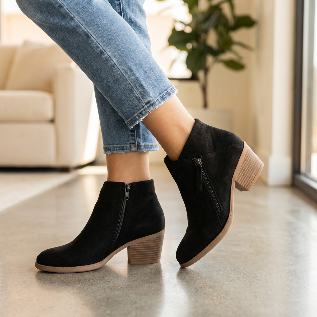 Bottines en daim pour femme à talon carré, soutien de la voûte plantaire et fermeture éclair