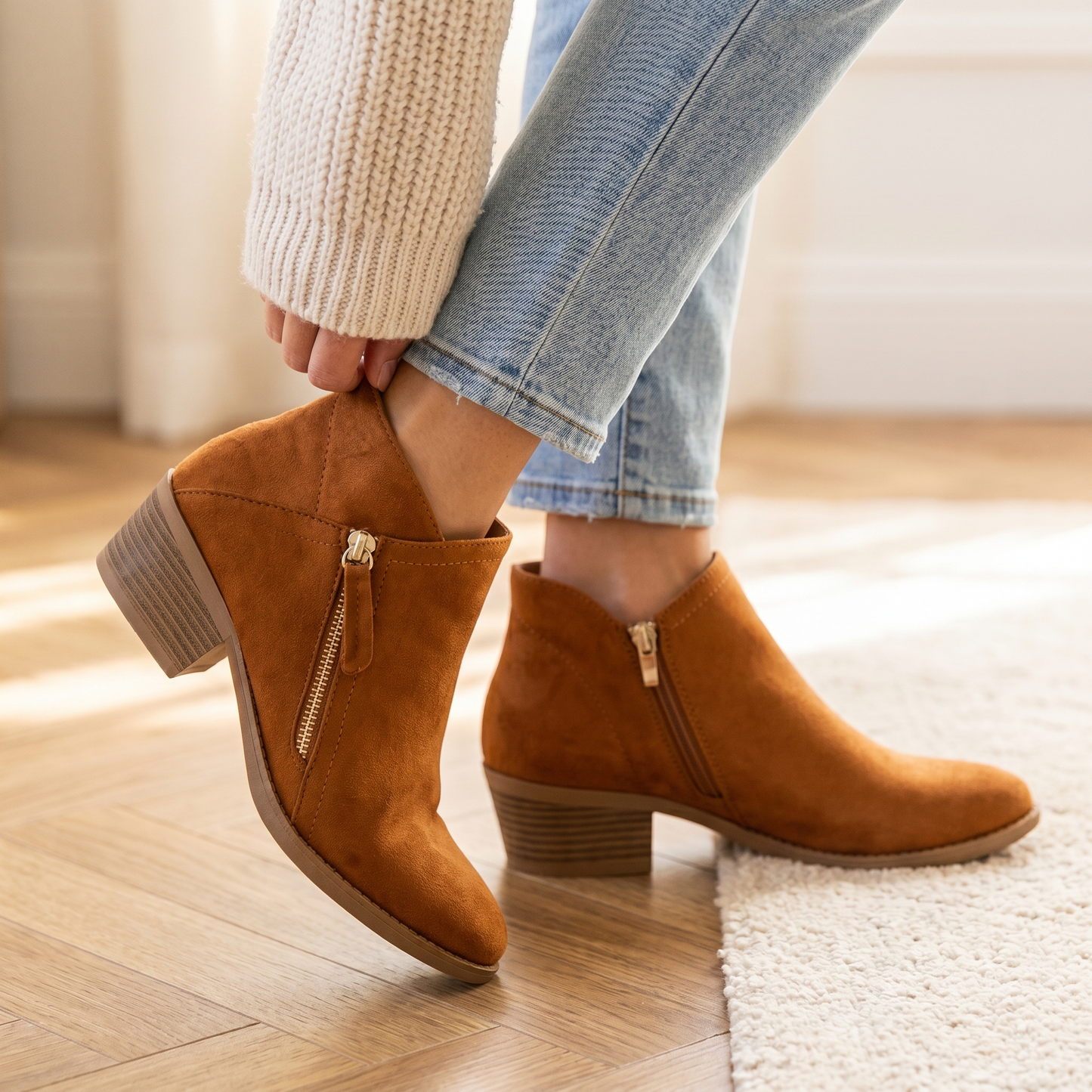Bottines en daim pour femme à talon carré, soutien de la voûte plantaire et fermeture éclair