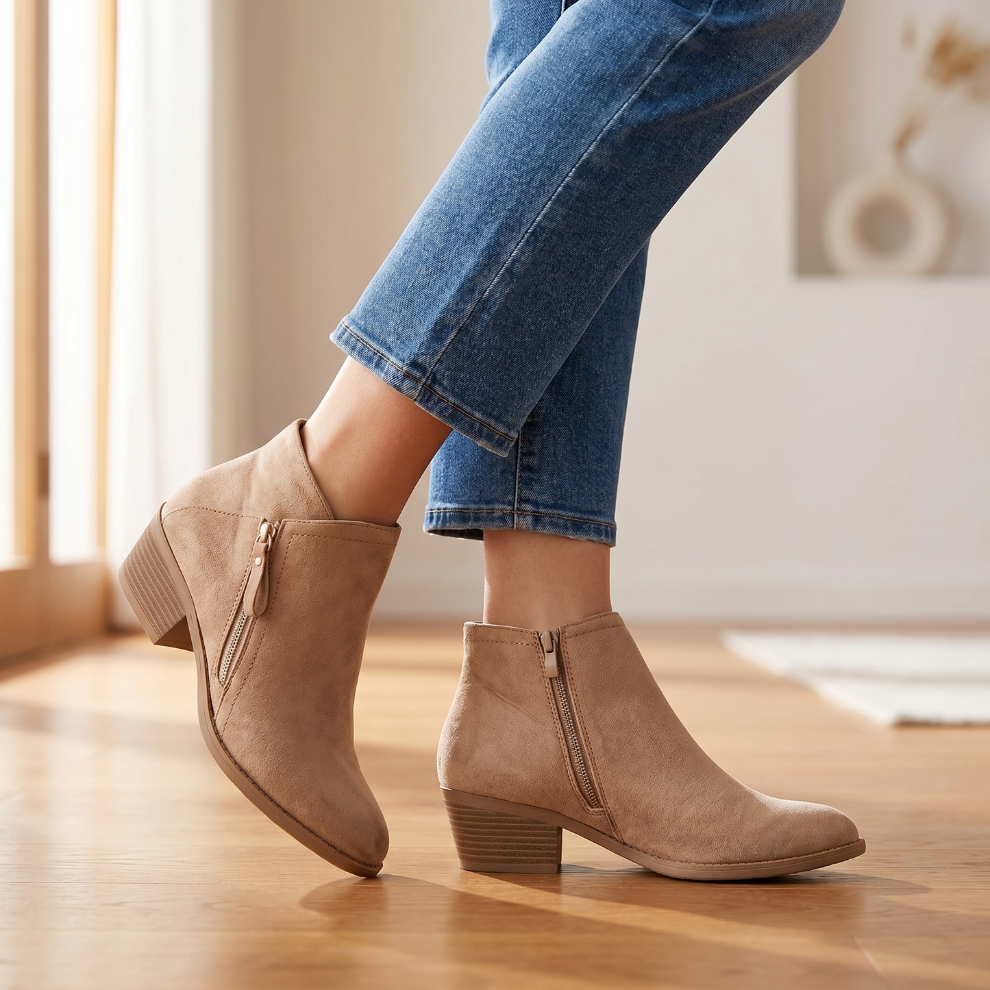 Bottines en daim pour femme à talon carré, soutien de la voûte plantaire et fermeture éclair