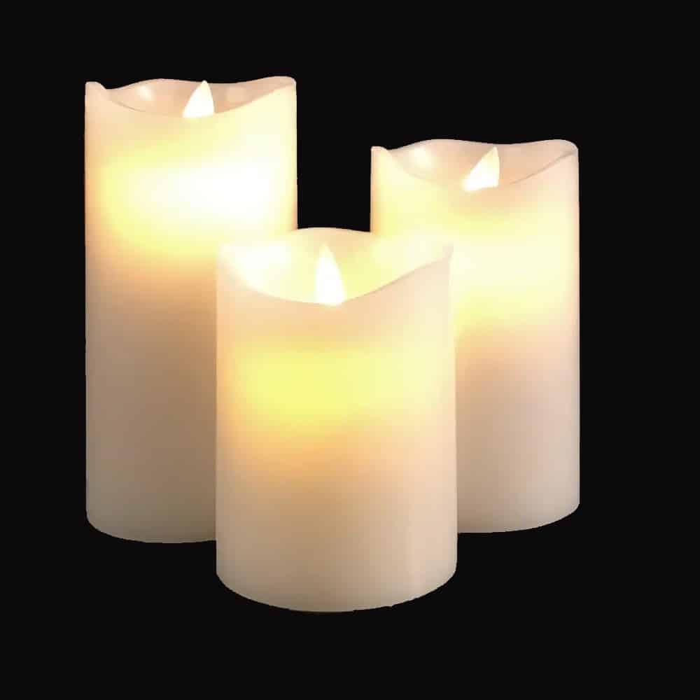 Bougies LED bloc - 3 pcs - 12/15/17 cm - avec flamme 3D - coloris assortis