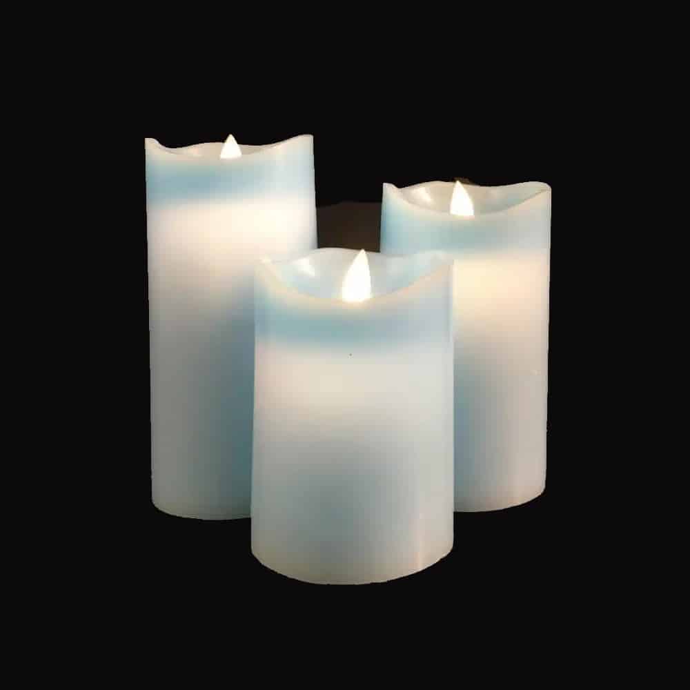 Bougies LED bloc - 3 pcs - 12/15/17 cm - avec flamme 3D - coloris assortis