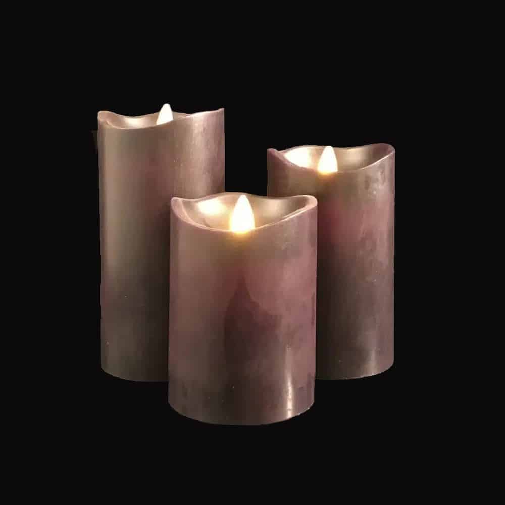 Bougies LED bloc - 3 pcs - 12/15/17 cm - avec flamme 3D - coloris assortis
