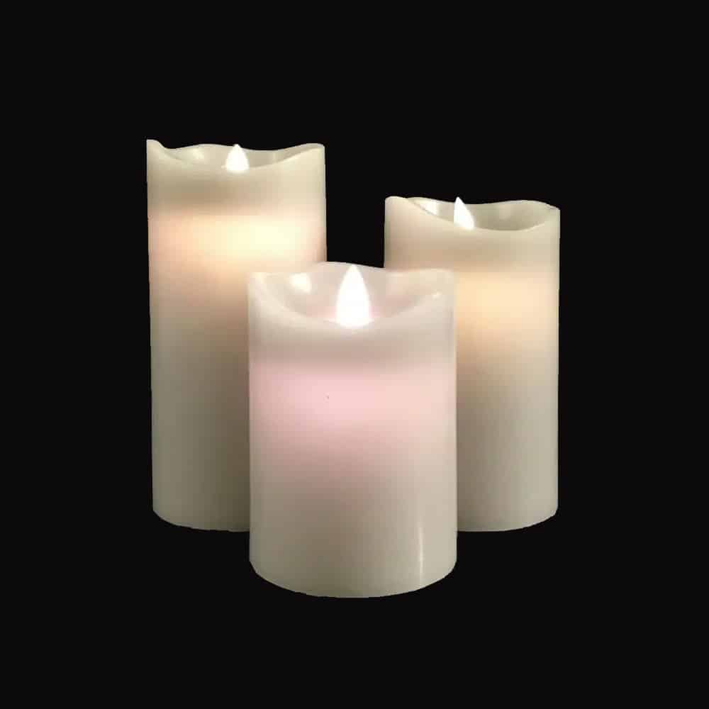 Bougies LED bloc - 3 pcs - 12/15/17 cm - avec flamme 3D - coloris assortis