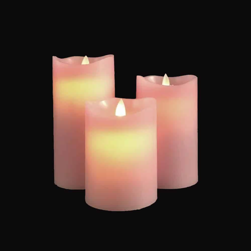 Bougies LED bloc - 3 pcs - 12/15/17 cm - avec flamme 3D - coloris assortis