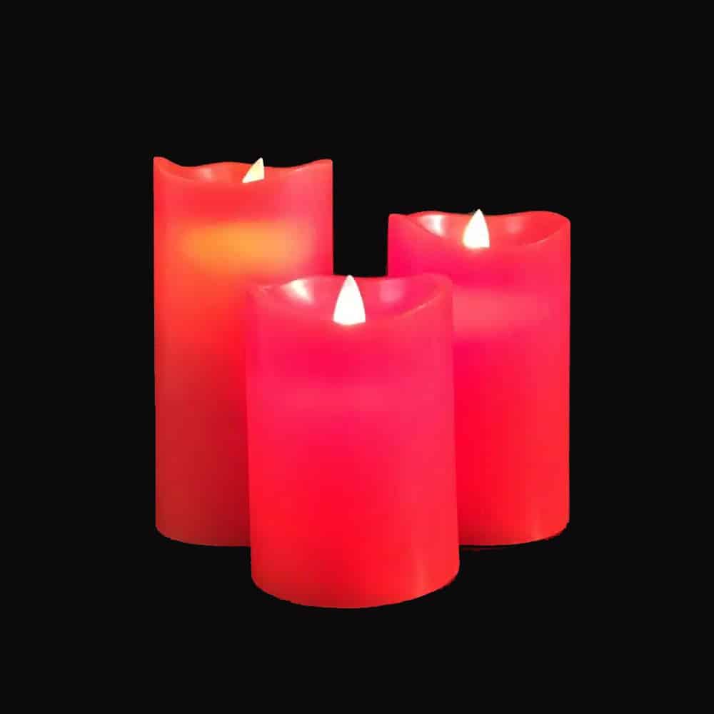 Bougies LED bloc - 3 pcs - 12/15/17 cm - avec flamme 3D - coloris assortis