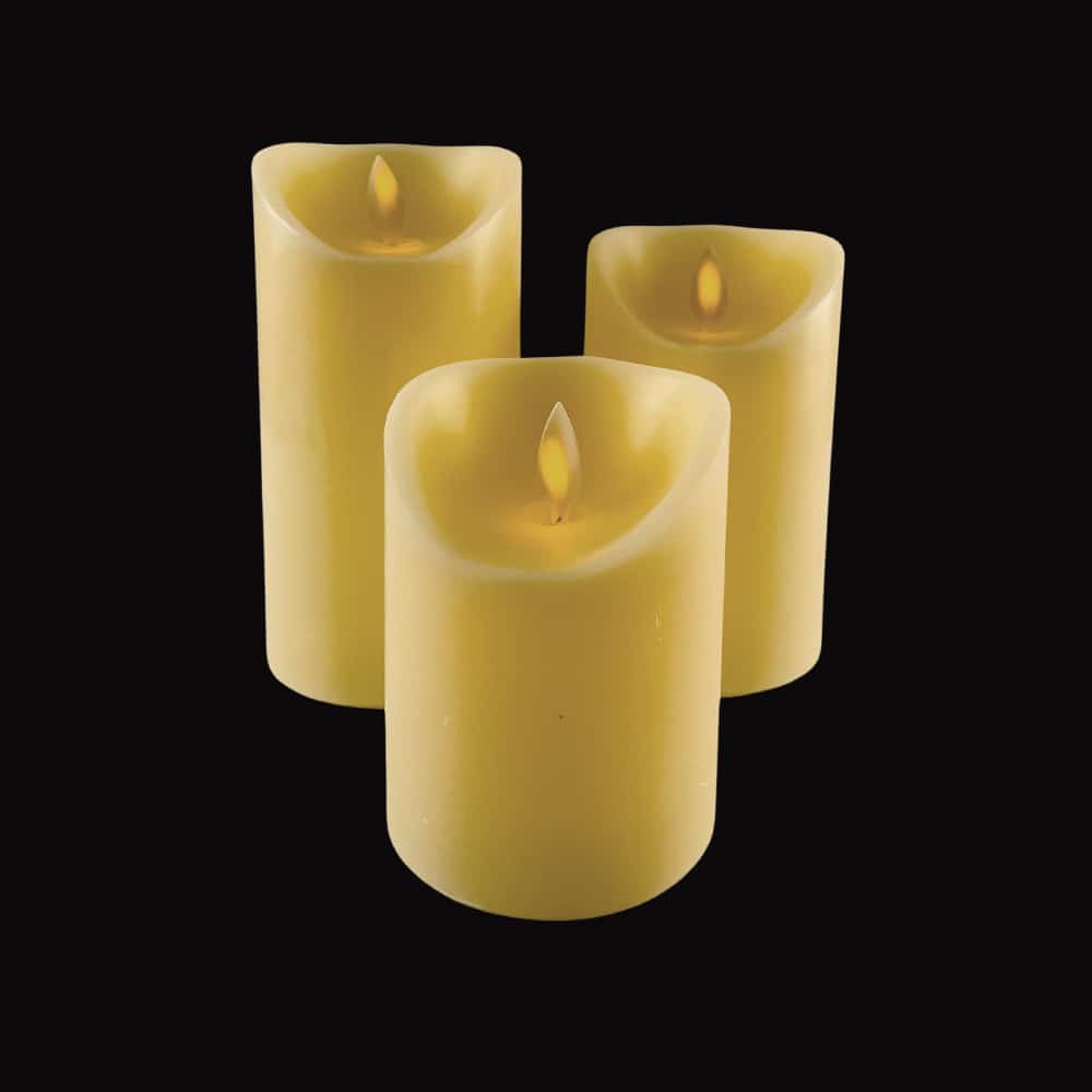 Bougies LED bloc - 3 pcs - 12/15/17 cm - avec flamme 3D - coloris assortis