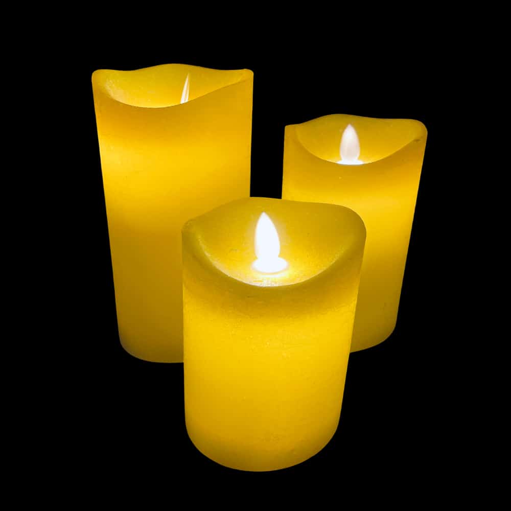Bougies LED bloc rustique - 3 pièces - 10/12,5/15 cm - flamme 3D - coloris assortis