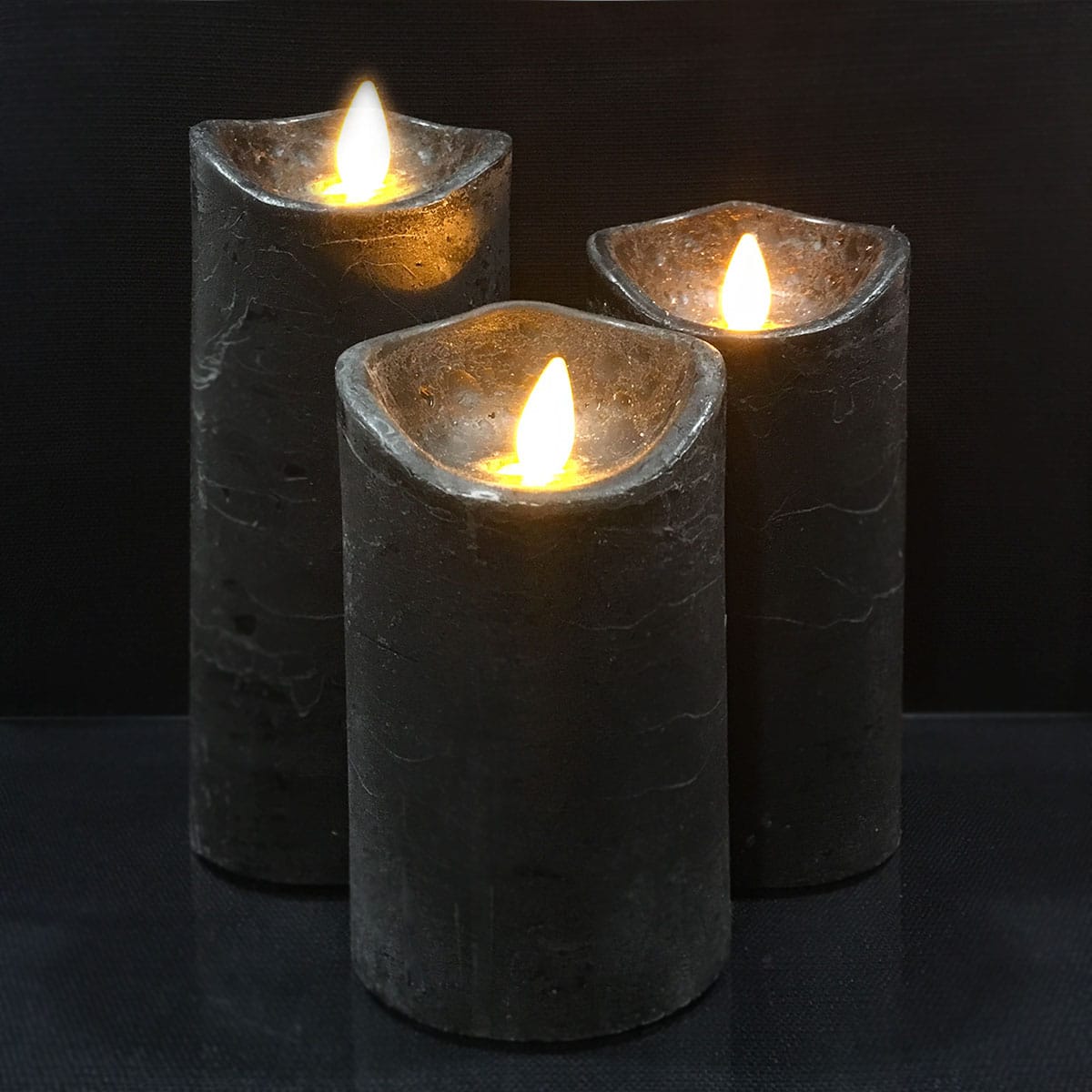 Bougies LED bloc rustique - 3 pièces - 10/12,5/15 cm - flamme 3D - coloris assortis