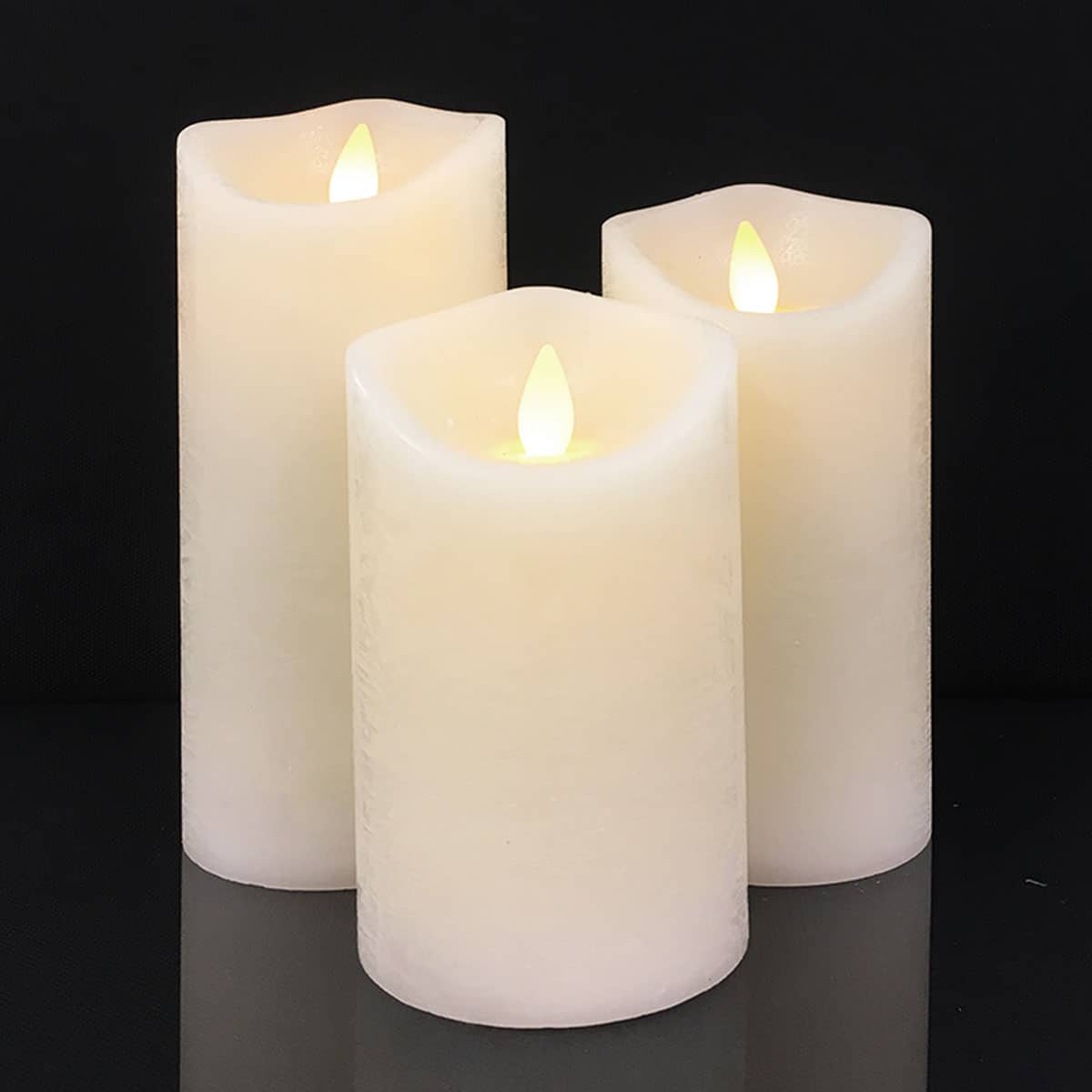 Bougies LED bloc rustique - 3 pièces - 10/12,5/15 cm - flamme 3D - coloris assortis