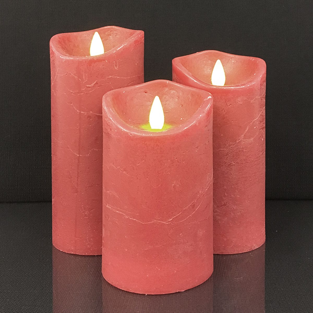 Bougies LED bloc rustique - 3 pièces - 10/12,5/15 cm - flamme 3D - coloris assortis