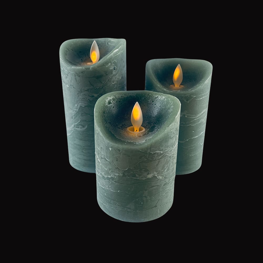 Bougies LED bloc rustique - 3 pièces - 10/12,5/15 cm - flamme 3D - coloris assortis