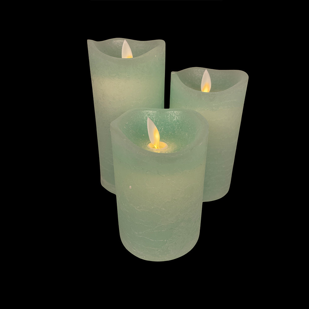 Bougies LED bloc rustique - 3 pièces - 10/12,5/15 cm - flamme 3D - coloris assortis
