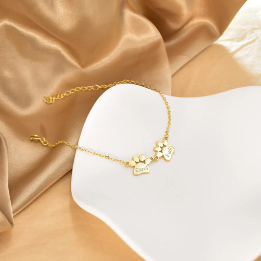 Bracelet chaîne dorée avec pendentifs empreinte et gravure pour animaux de compagnie