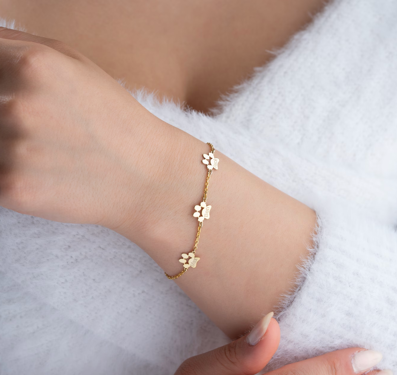 Bracelet chaîne dorée avec pendentifs empreinte et gravure pour animaux de compagnie
