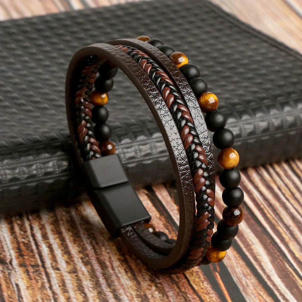 Bracelet multicouche pour homme en cuir et perles de pierre