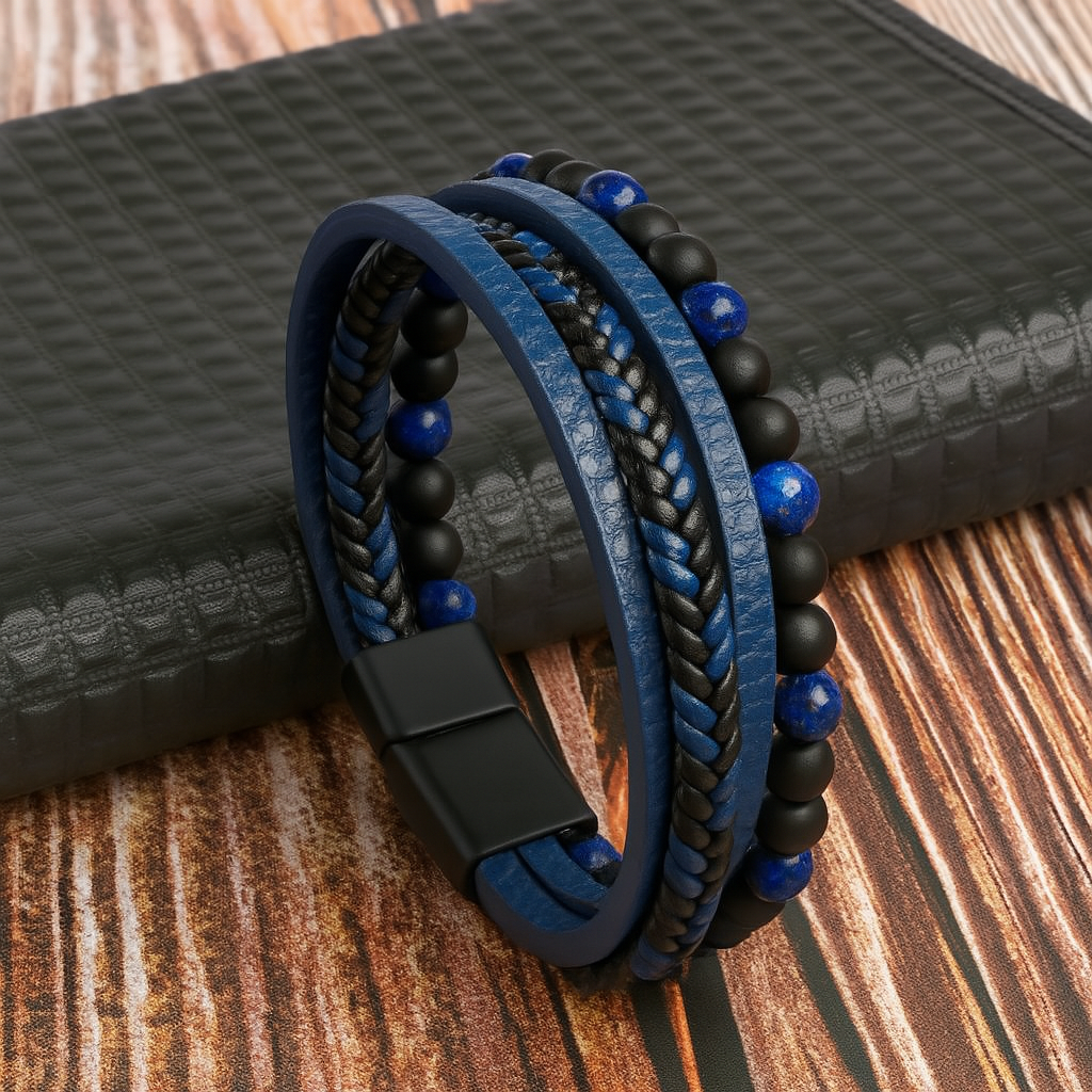 Bracelet multicouche pour homme en cuir et perles de pierre