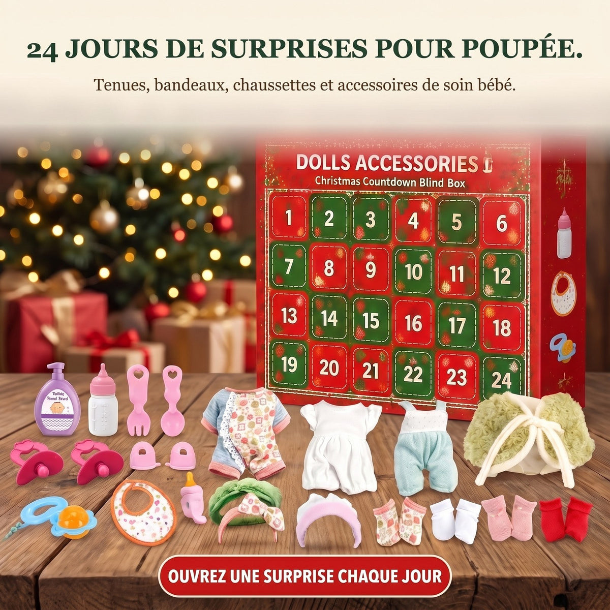 Calendrier de l'Avent Accessoires pour Poupée, 24 Jours de Tenues et Soins Bébé