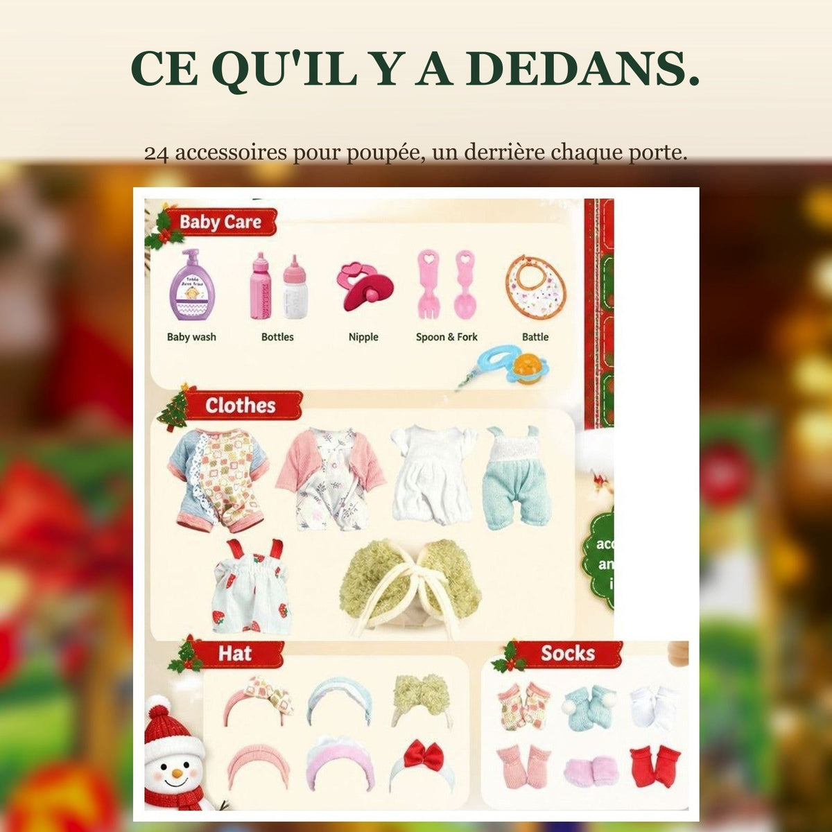 Calendrier de l'Avent Accessoires pour Poupée, 24 Jours de Tenues et Soins Bébé