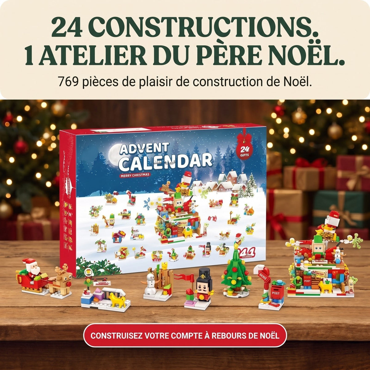 Calendrier de l'Avent Atelier du Père Noël, 24 en 1, 769 Pièces en Briques