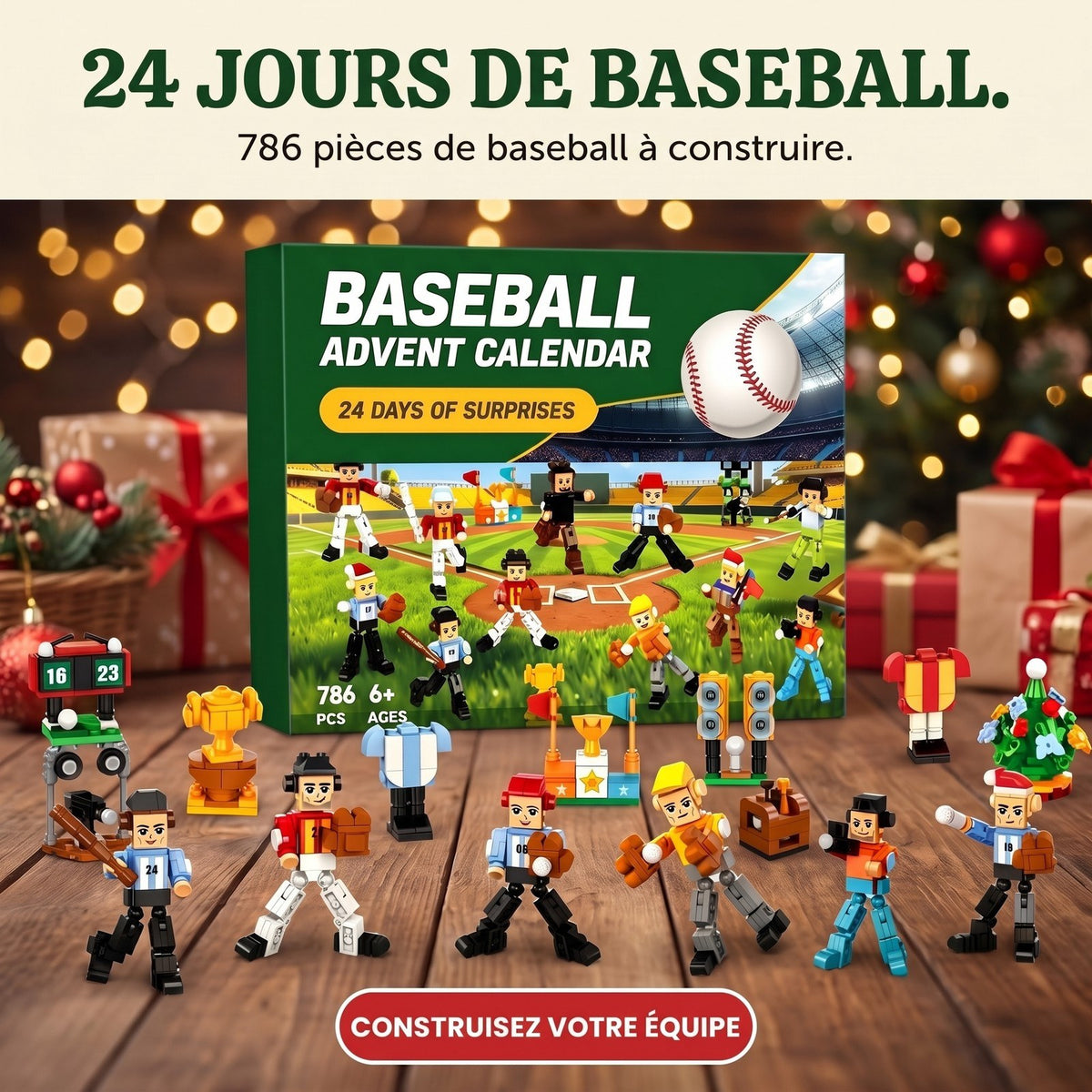 Calendrier de l'Avent Baseball, 786 Pièces avec Joueurs et Stade en Briques