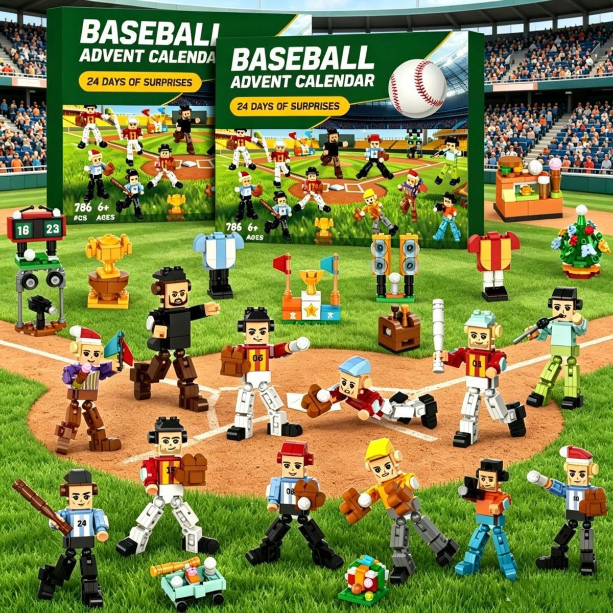 Calendrier de l'Avent Baseball, 786 Pièces avec Joueurs et Stade en Briques