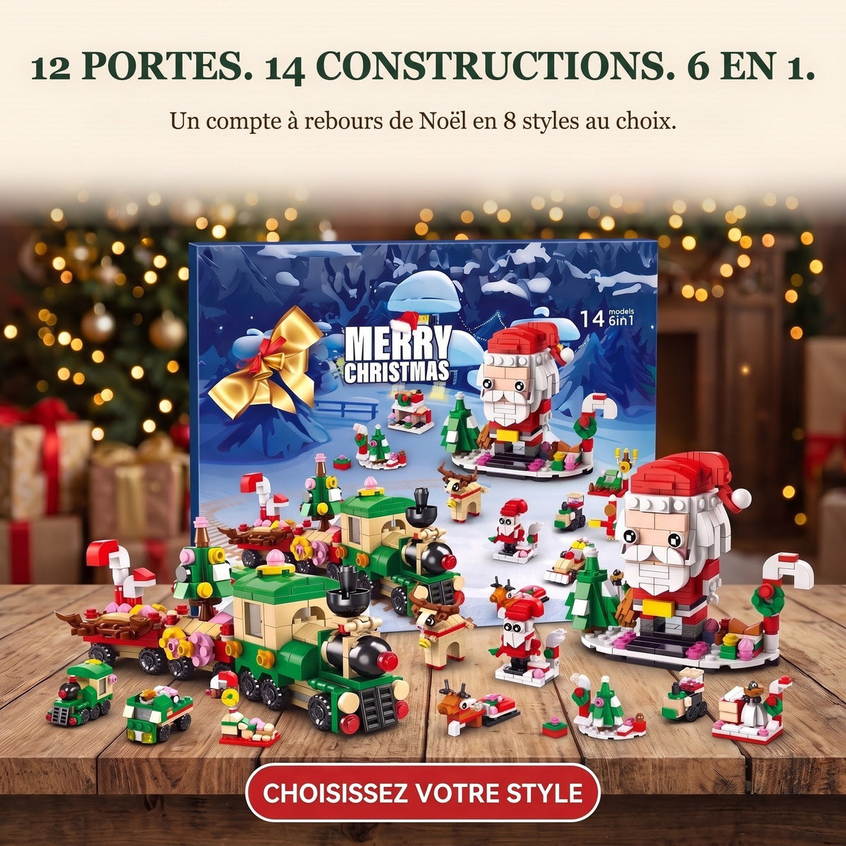 Calendrier de l'Avent de Noël 12 Jours en Briques, 14 Constructions 6 en 1, 8 Styles