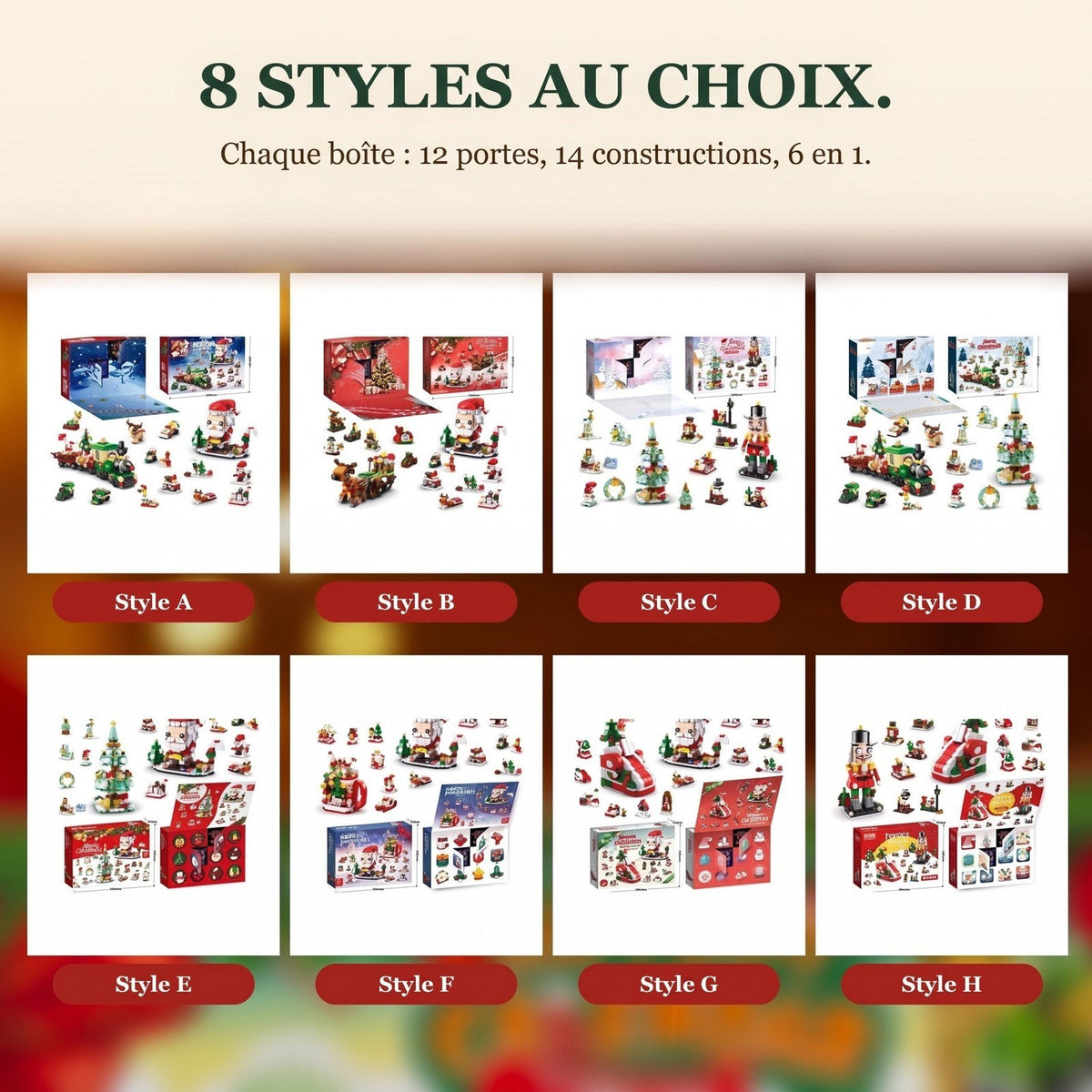 Calendrier de l'Avent de Noël 12 Jours en Briques, 14 Constructions 6 en 1, 8 Styles