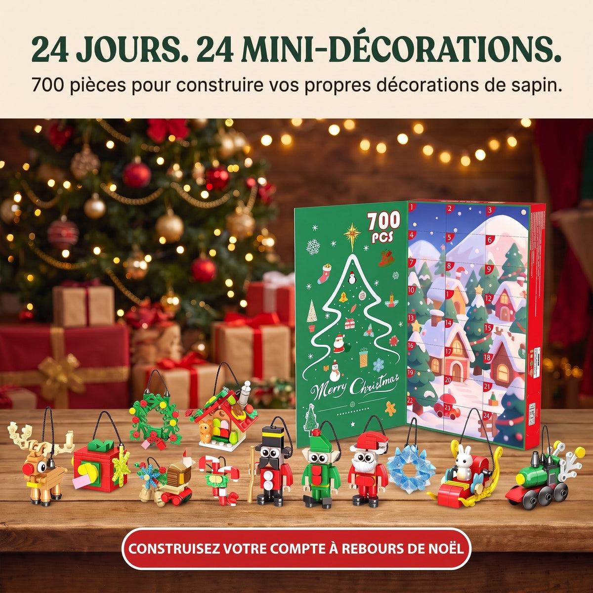 Calendrier de l'Avent Décorations en Briques, 24 Constructions à Suspendre, 700 Pièces