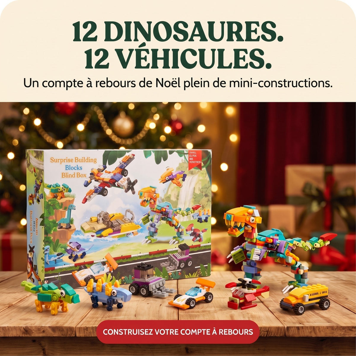Calendrier de l'Avent Dinosaures et Véhicules, 24 Mini-Constructions avec Grand T. Rex