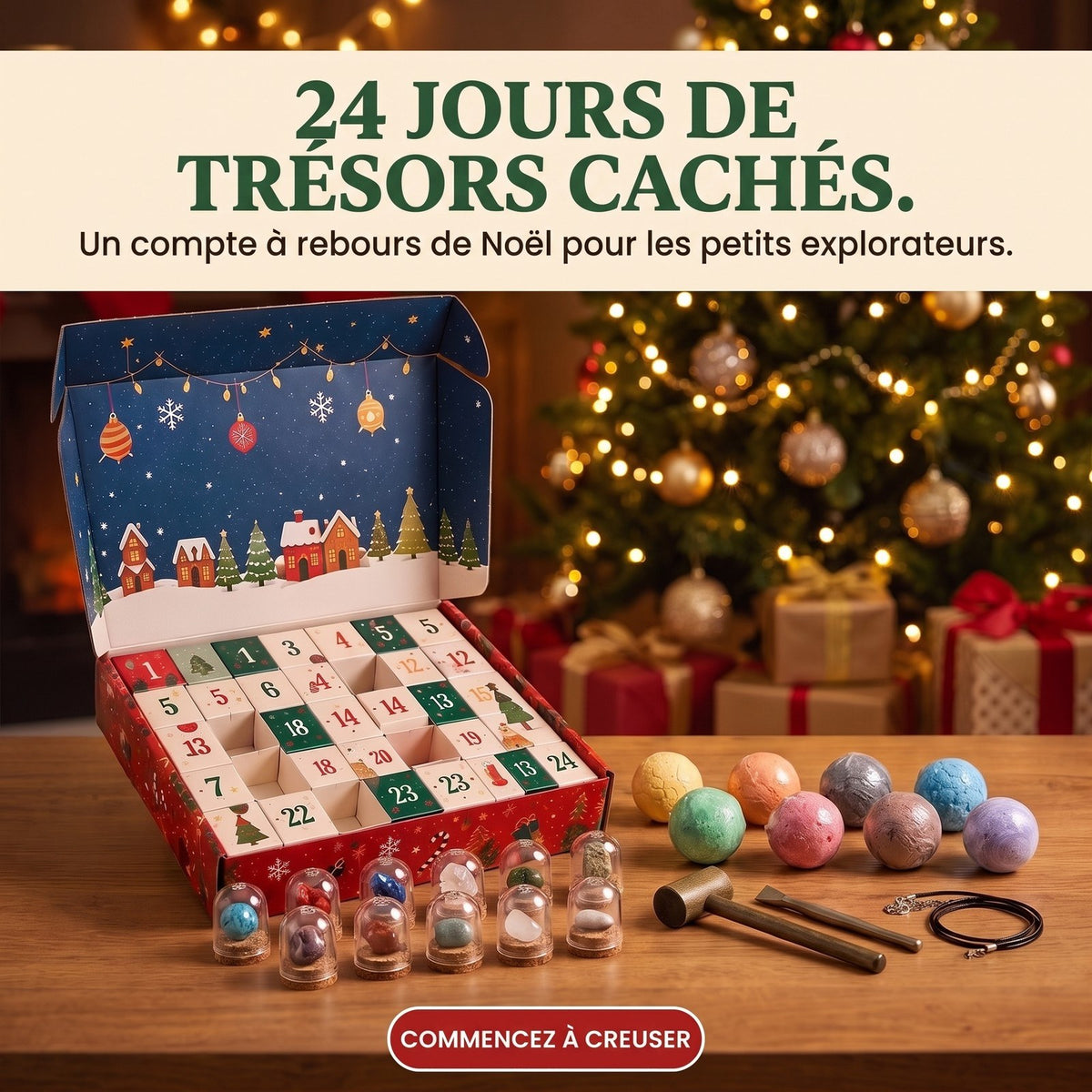 Calendrier de l'Avent Fouille de Pierres pour Enfants, 24 Jours de Trésors Cachés