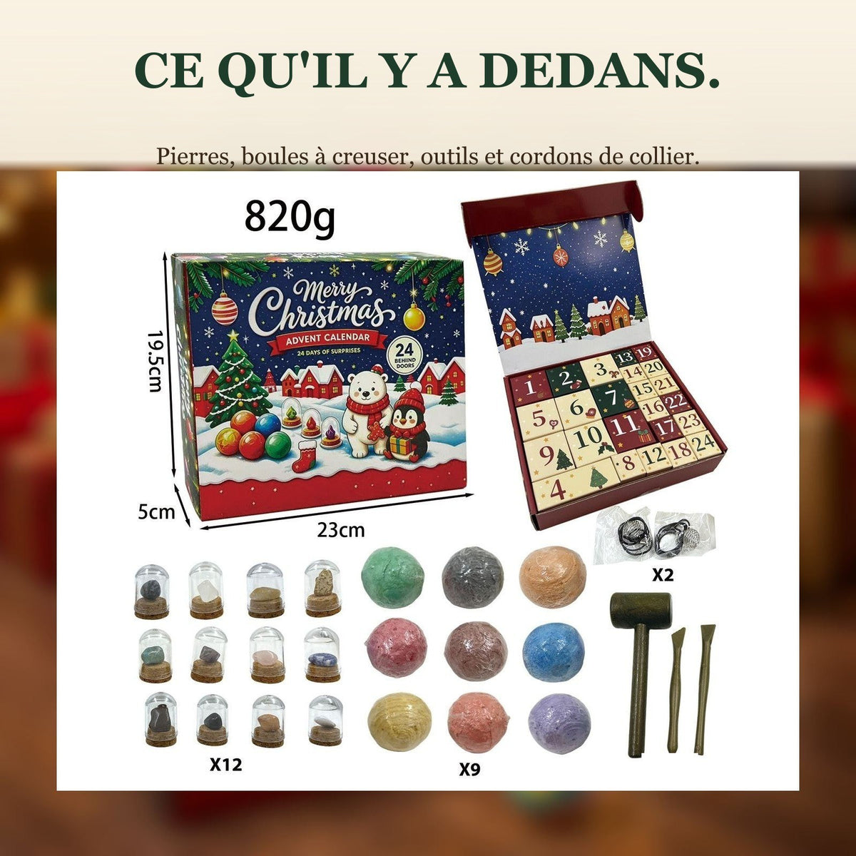 Calendrier de l'Avent Fouille de Pierres pour Enfants, 24 Jours de Trésors Cachés