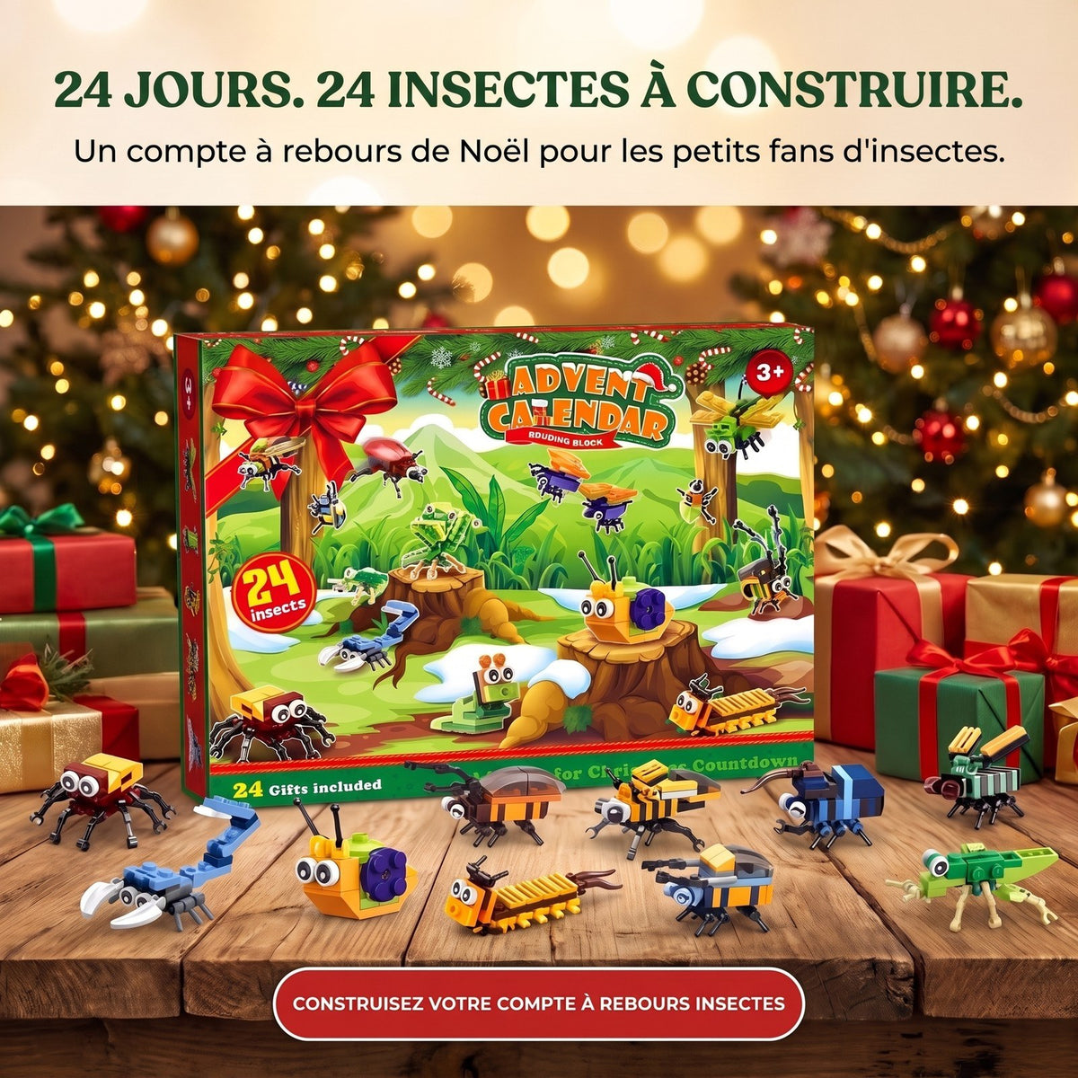 Calendrier de l'Avent Insectes pour Enfants, 24 Constructions en Briques + 2 Secrètes