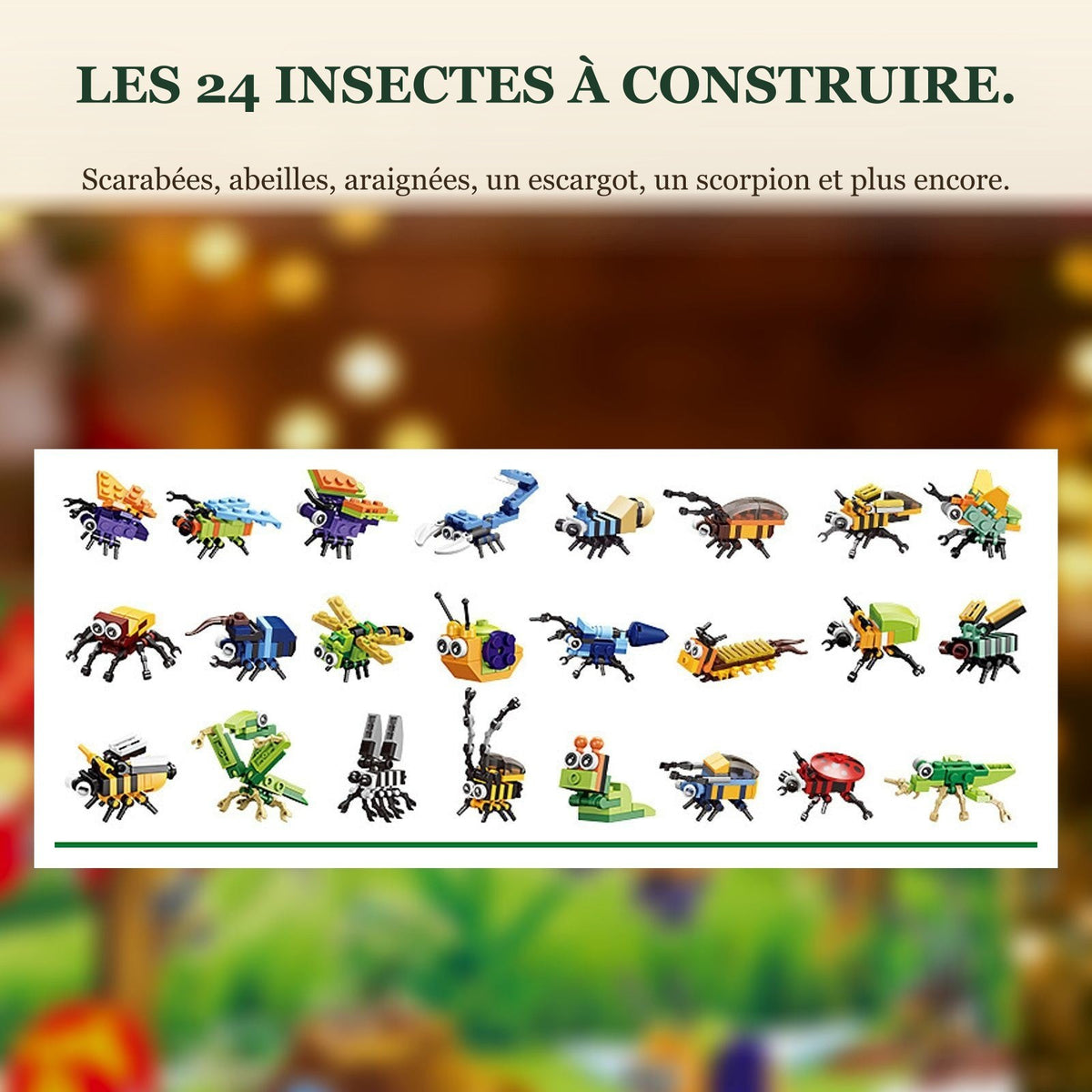Calendrier de l'Avent Insectes pour Enfants, 24 Constructions en Briques + 2 Secrètes