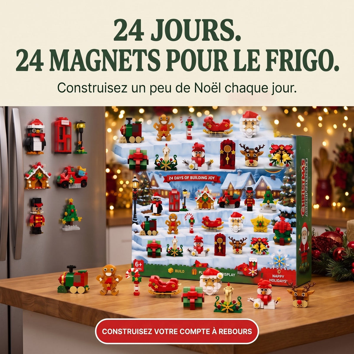 Calendrier de l'Avent Magnets pour Frigo, 24 Constructions en Briques