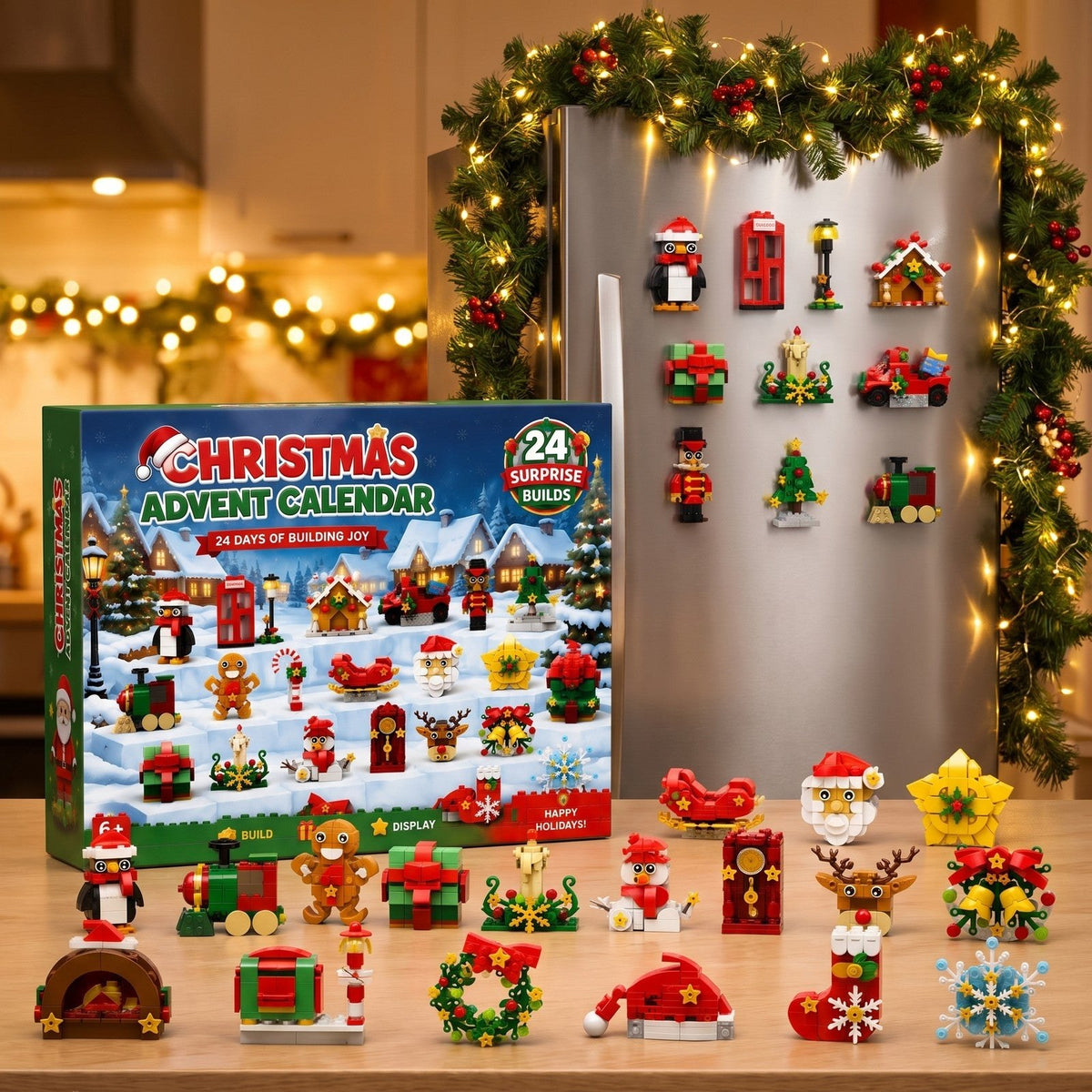 Calendrier de l'Avent Magnets pour Frigo, 24 Constructions en Briques