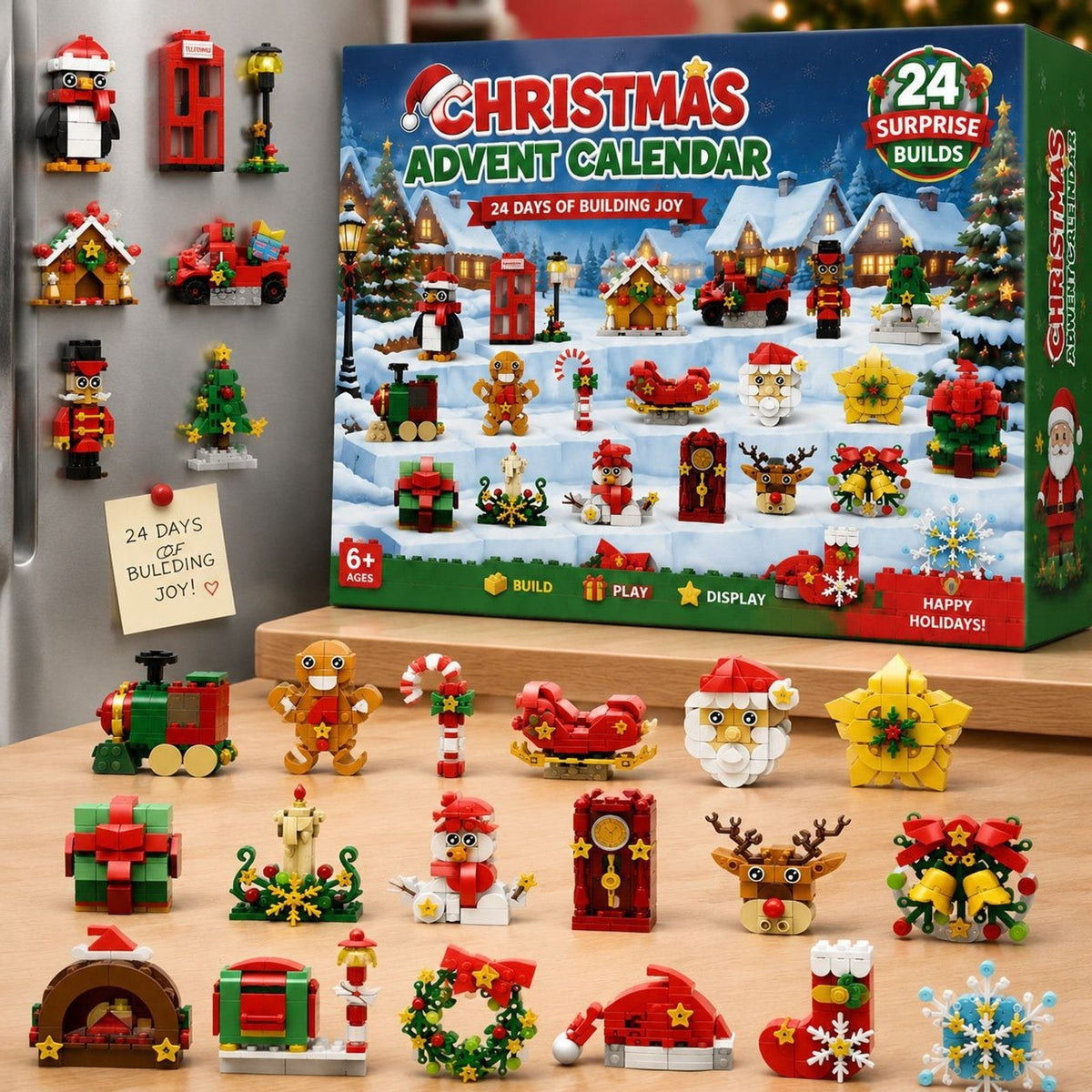 Calendrier de l'Avent Magnets pour Frigo, 24 Constructions en Briques