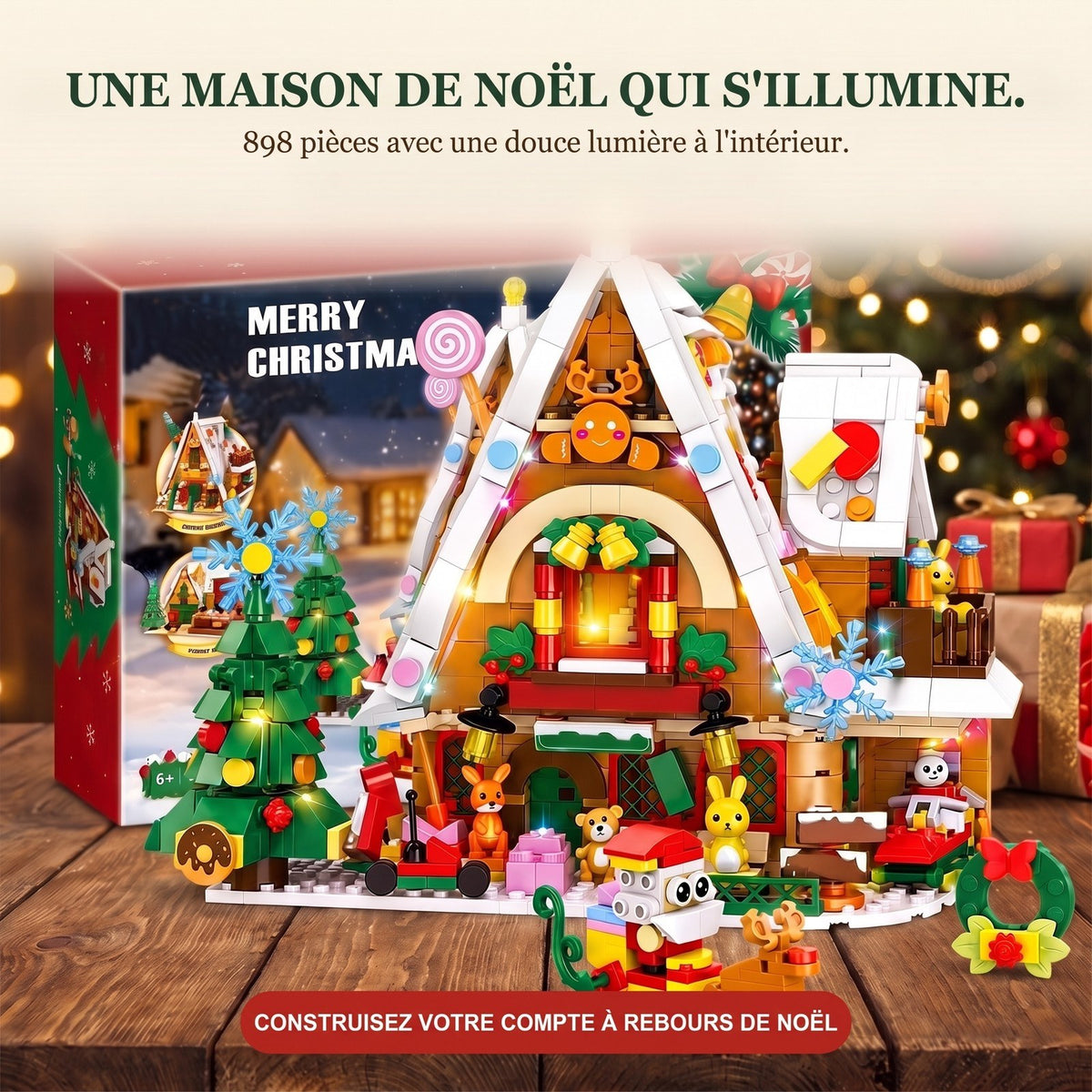Calendrier de l'Avent Maison de Noël Enneigée, 898 Pièces avec Lumière Intérieure