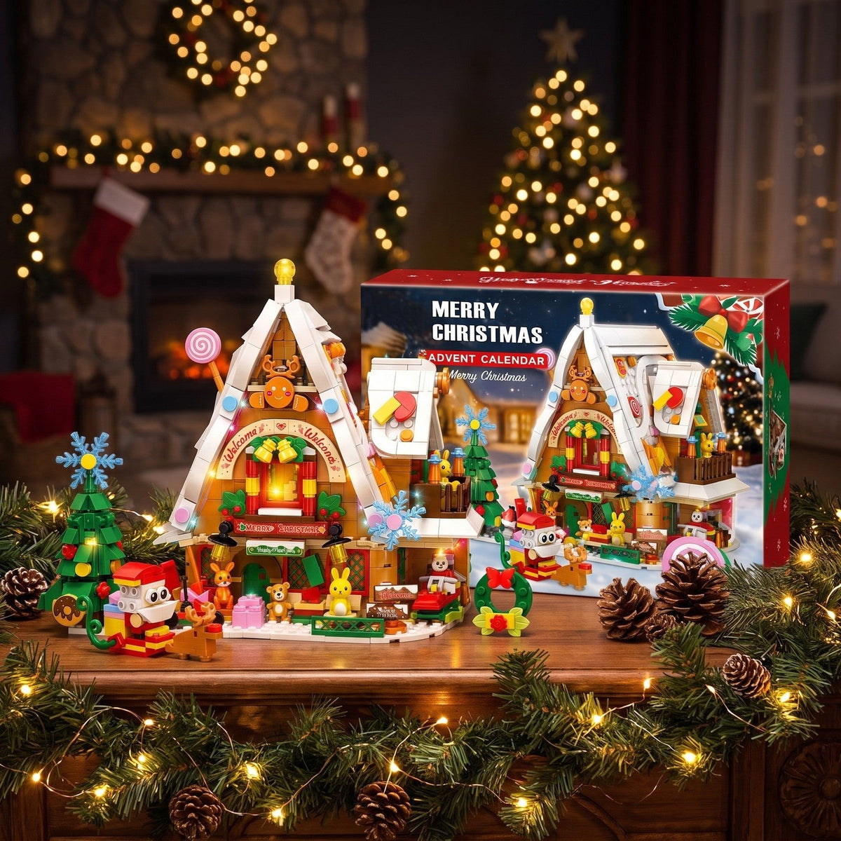 Calendrier de l'Avent Maison de Noël Enneigée, 898 Pièces avec Lumière Intérieure