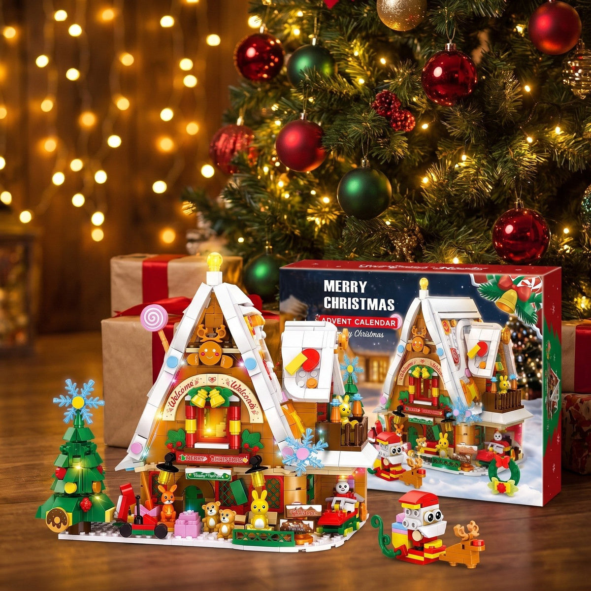 Calendrier de l'Avent Maison de Noël Enneigée, 898 Pièces avec Lumière Intérieure