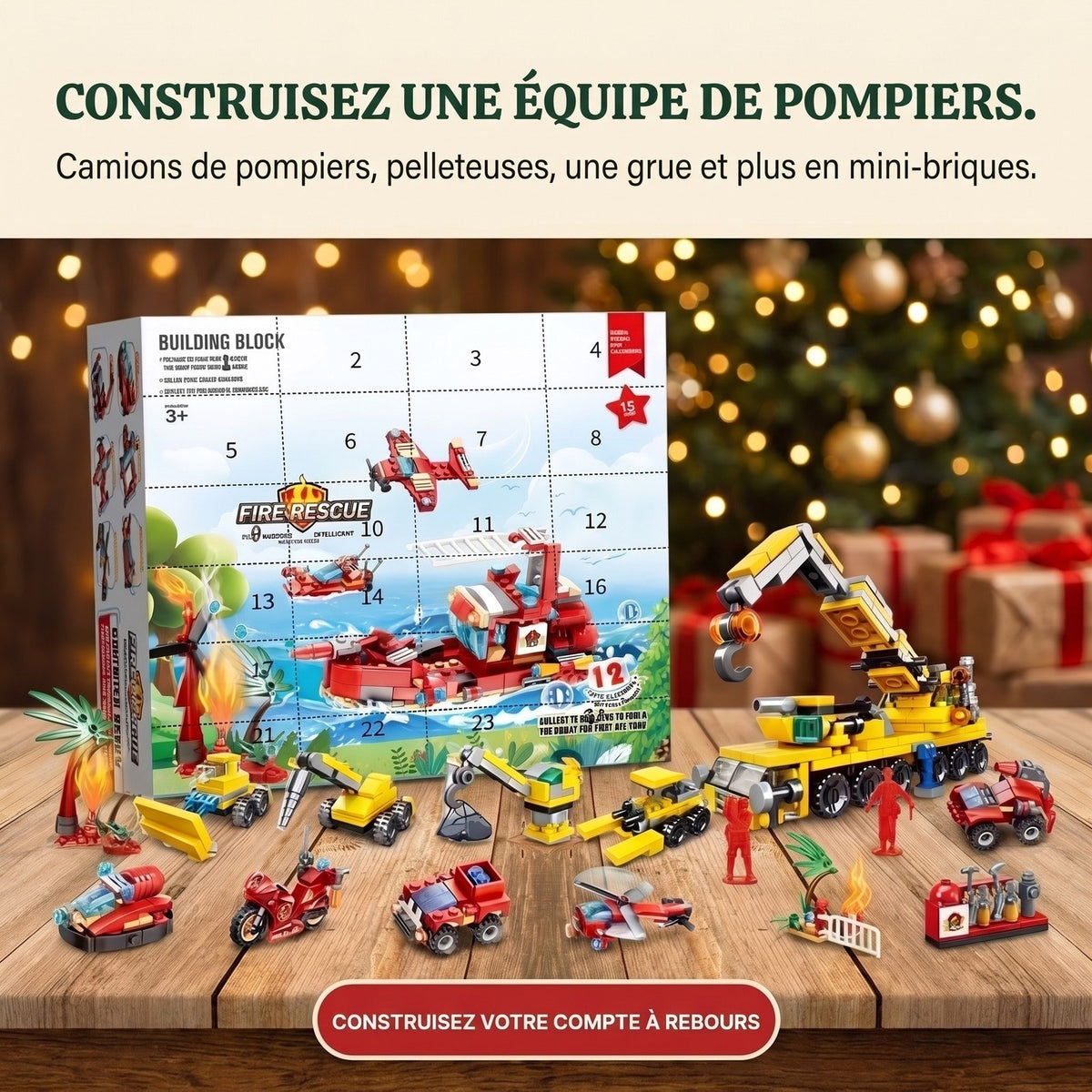 Calendrier de l'Avent Pompiers et Chantier, Mini-Véhicules en Briques + Grandes Constructions