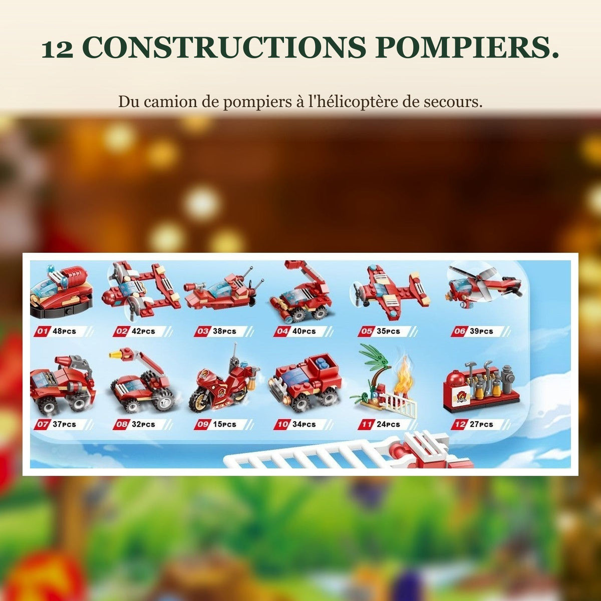 Calendrier de l'Avent Pompiers et Chantier, Mini-Véhicules en Briques + Grandes Constructions