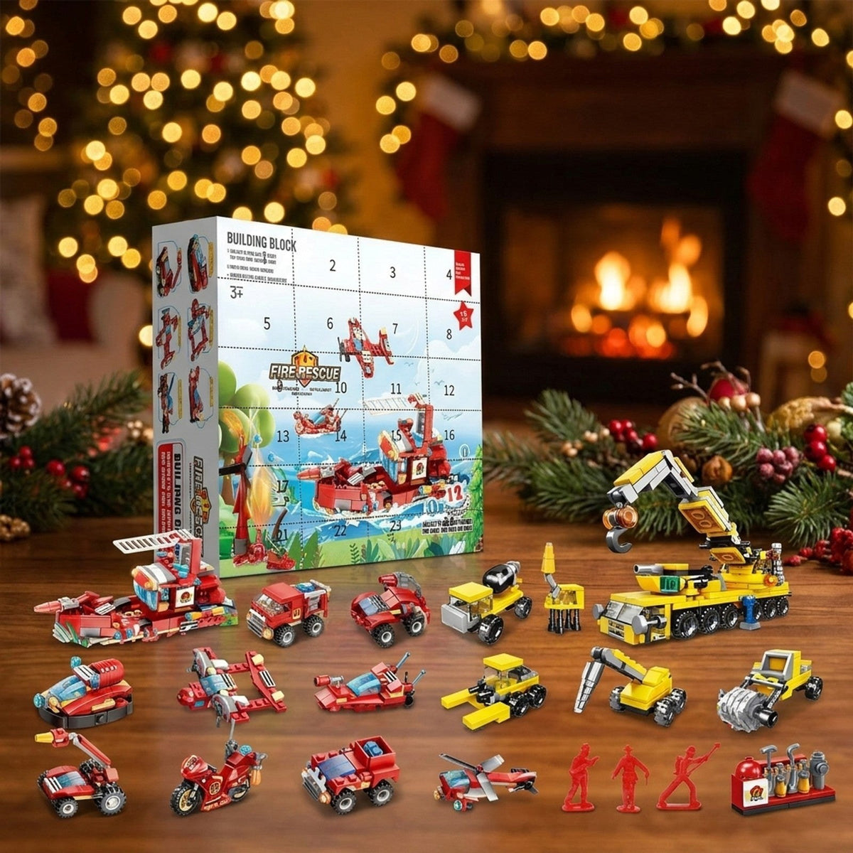 Calendrier de l'Avent Pompiers et Chantier, Mini-Véhicules en Briques + Grandes Constructions
