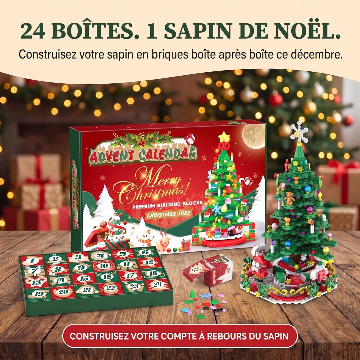 Calendrier de l'Avent Sapin de Noël en Briques, 24 Boîtes pour un Grand Sapin Lumineux