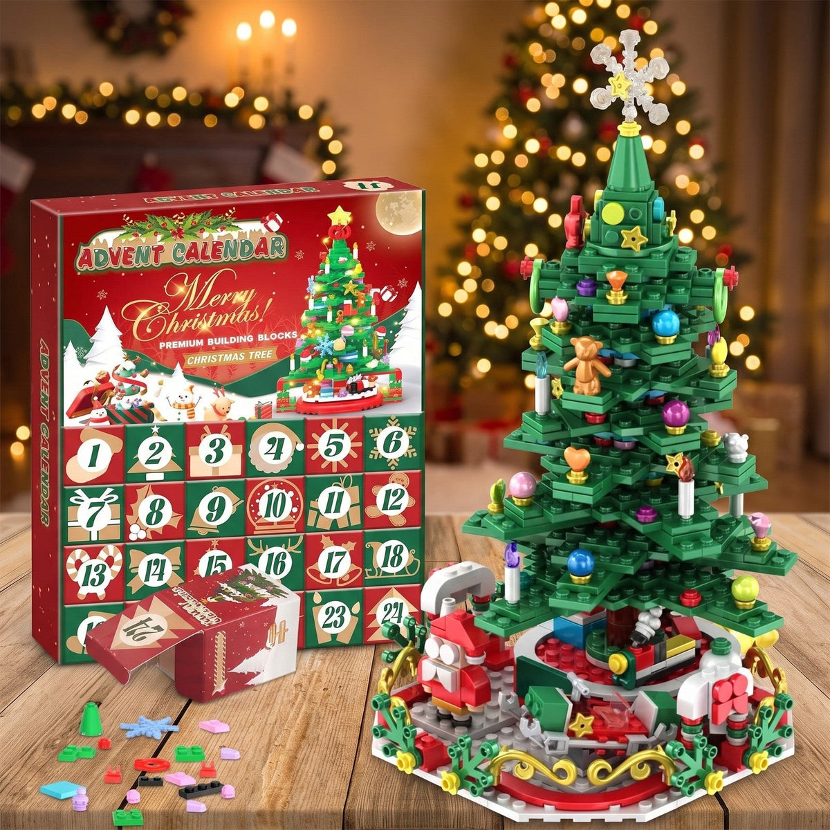 Calendrier de l'Avent Sapin de Noël en Briques, 24 Boîtes pour un Grand Sapin Lumineux
